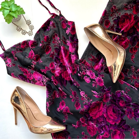 Likely Dresses & Skirts - Revolve Likely Midori Gown Velvet Burnout Cowl Neck Floral Fuchsia Black 8 NWT